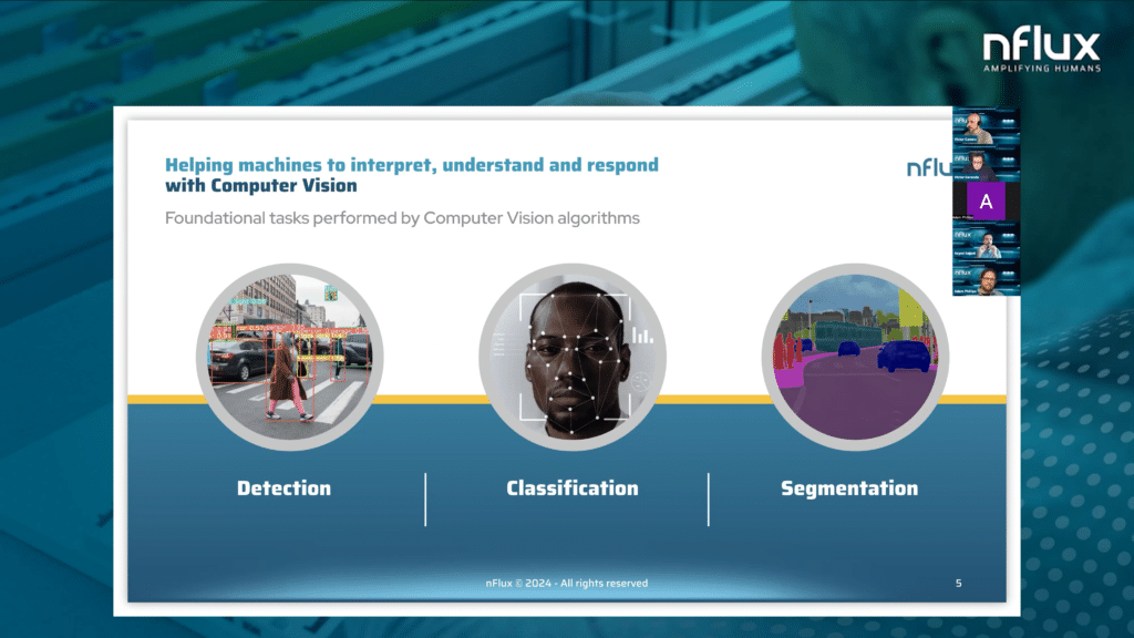 Snapshot of the webinar showing a slide that covers the key tasks in Computer Vision: Segmentation, Object Detection and Classification